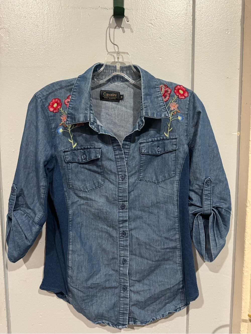 Cavalini Denim Button-Up Shirt with Pink Floral Embroidery